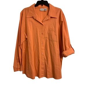 Liz Baker Woman Orange Linen Cotton Blend Button Down Shirt 2X Roll Tab Sleeve